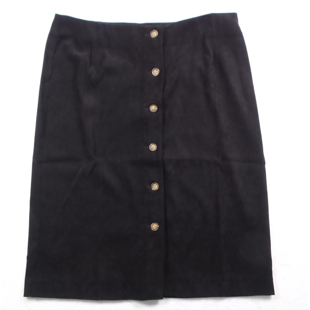 Orvis Skirt Womens 12 Black Button Front Faux Suede Pencil Lined Stretch Classic